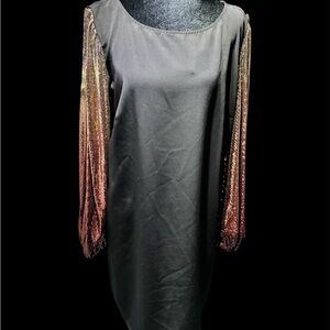 ✨ MSK Elegant Black Dress with Gold Sequin Sleeves – Size L, New with Tags! ✨